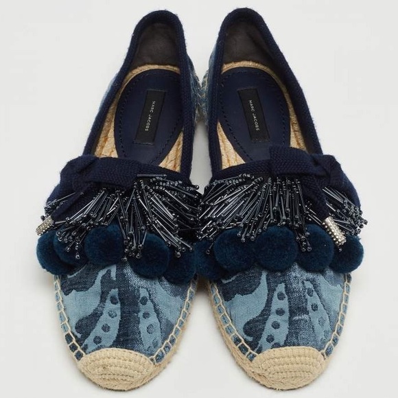 Marc Jacobs Blue Fabric Sienna Pom Pom Espadrille Flats Shoes Size 37.5 BLUE NEW - Picture 3 of 6